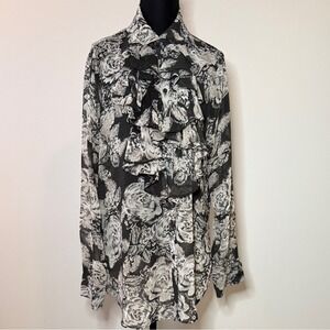 Cabi Womens Ruffle Front Floral Print Long Sleeve Shirt Size L